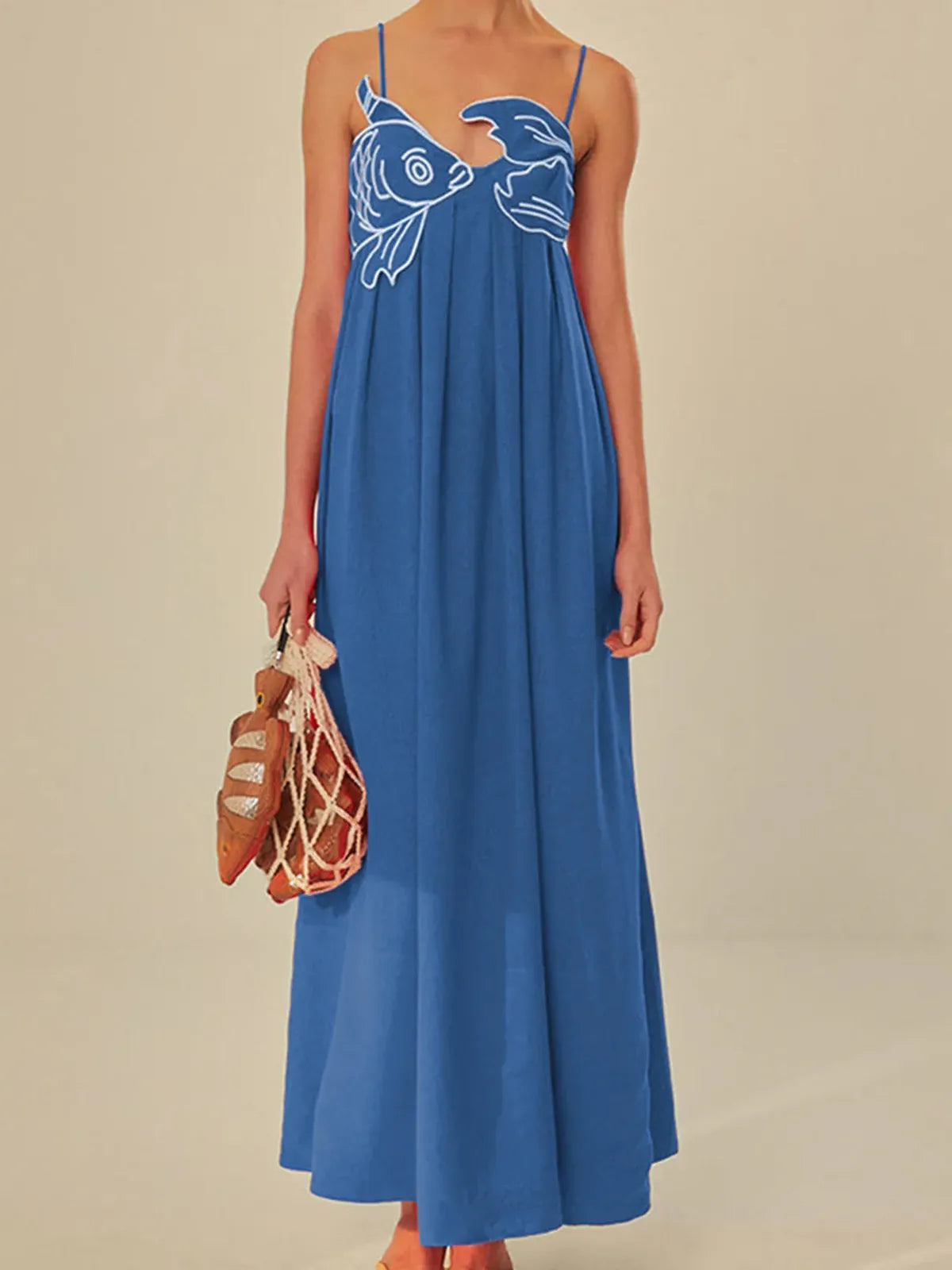 Semi-transparante cami maxi-jurk met geborduurde vissen 5