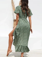 Sara Summer Boho Bloemen Maxi Jurk – V-Hals Ruffle Split Jurk