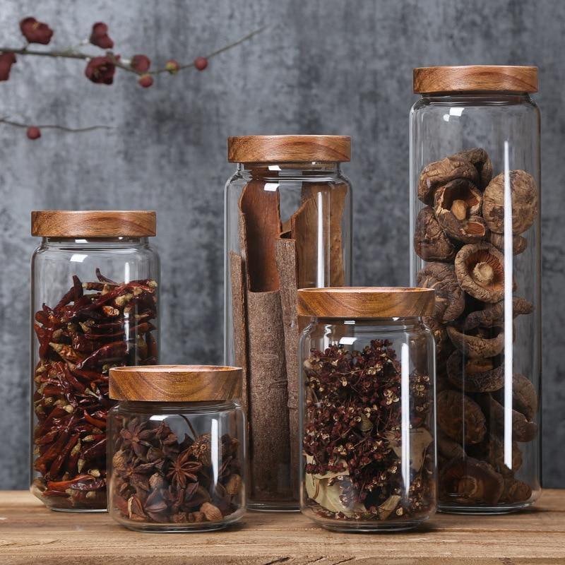 Stapelbare Acacia en Glazen Opslagcontainers met Luchtdichte Afdichting – Diverse Maten voor Keukenorganisatie