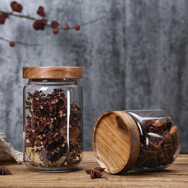 Stapelbare Acacia en Glazen Opslagcontainers met Luchtdichte Afdichting – Diverse Maten voor Keukenorganisatie