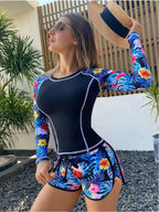 Tankini Dames met Tropische Print en Lange Mouwen - Comfortabele Shorts 10
