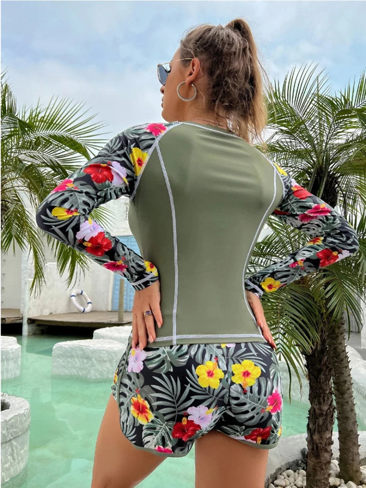 Tankini Dames met Tropische Print en Lange Mouwen - Comfortabele Shorts 3