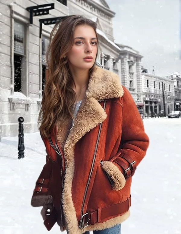 Dames Shearling Pilotenjack Met Gespen En Gezellige Voering