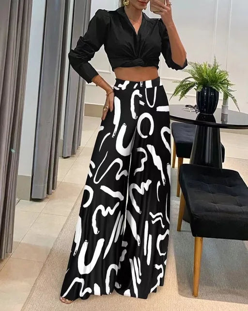 Trendy Geprinte Broek Dames met Wijde Pasvorm - Zwart/Wit 0
