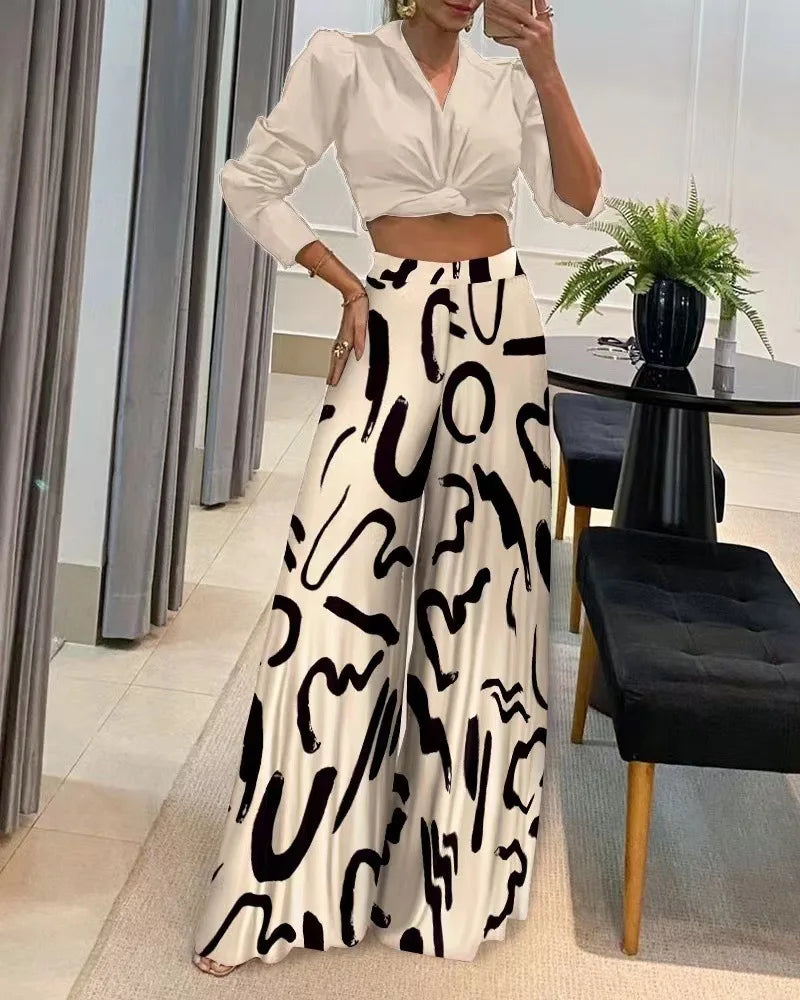 Trendy Geprinte Broek Dames met Wijde Pasvorm - Zwart/Wit 1