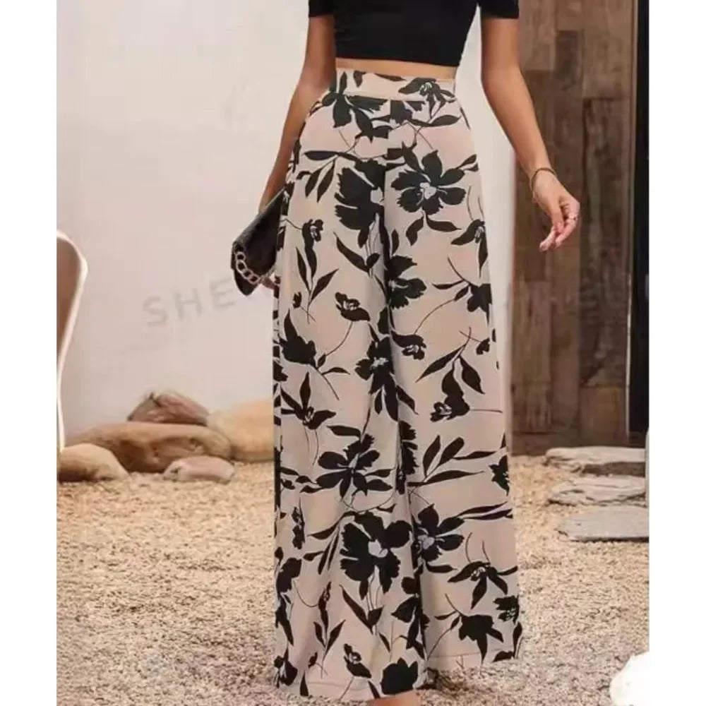 Trendy Geprinte Broek Dames met Wijde Pasvorm - Zwart/Wit 2