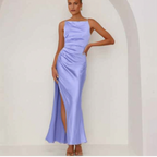 Dames Midi Jurk Satijn Slim Fit Mouwloos Hoge Hals Split
