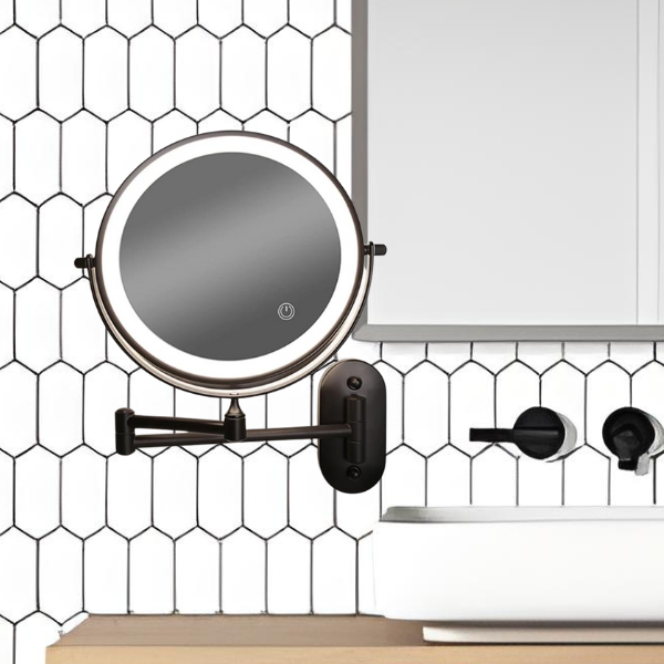 Zwarte oplaadbare LED-vergrotende spiegel voor make-up en badkamer-4