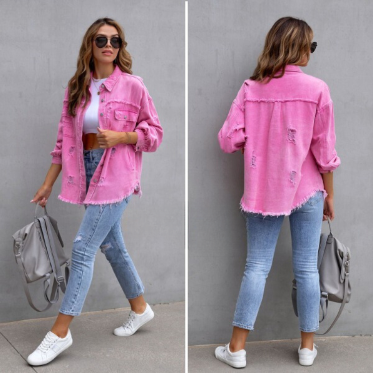 Dames Versleten Denim Spijkerjas - Opvallende en moderne stijl