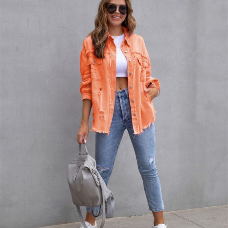 Dames Versleten Denim Spijkerjas - Opvallende en moderne stijl