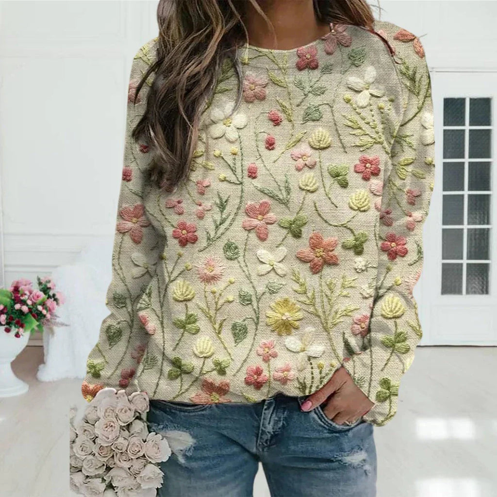 Dames Trui Geborduurde Bloemen Warme Casual Ontwerp
