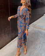 V-hals midi-jurk met gedraaide voorkant - cocktailjurk met lange mouwen en paisleyprint voor dames 1