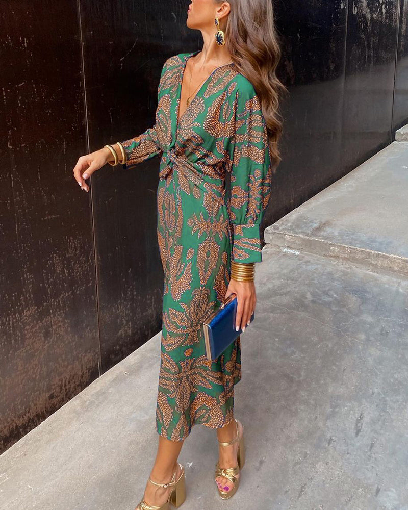 V-hals midi-jurk met gedraaide voorkant - cocktailjurk met lange mouwen en paisleyprint voor dames 4