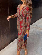 V-hals midi-jurk met gedraaide voorkant - cocktailjurk met lange mouwen en paisleyprint voor dames 9