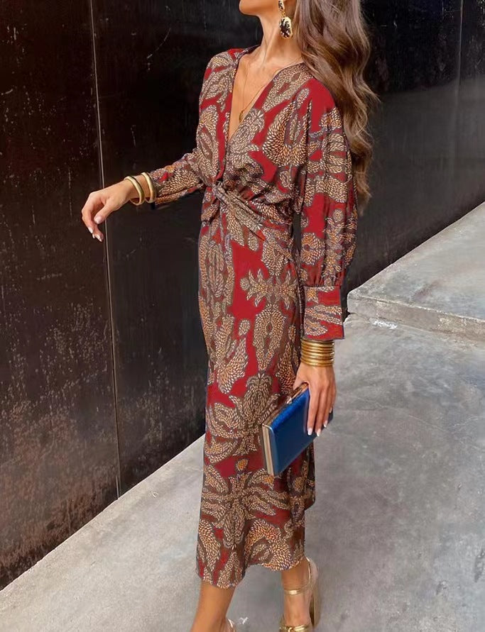 V-hals midi-jurk met gedraaide voorkant - cocktailjurk met lange mouwen en paisleyprint voor dames 9