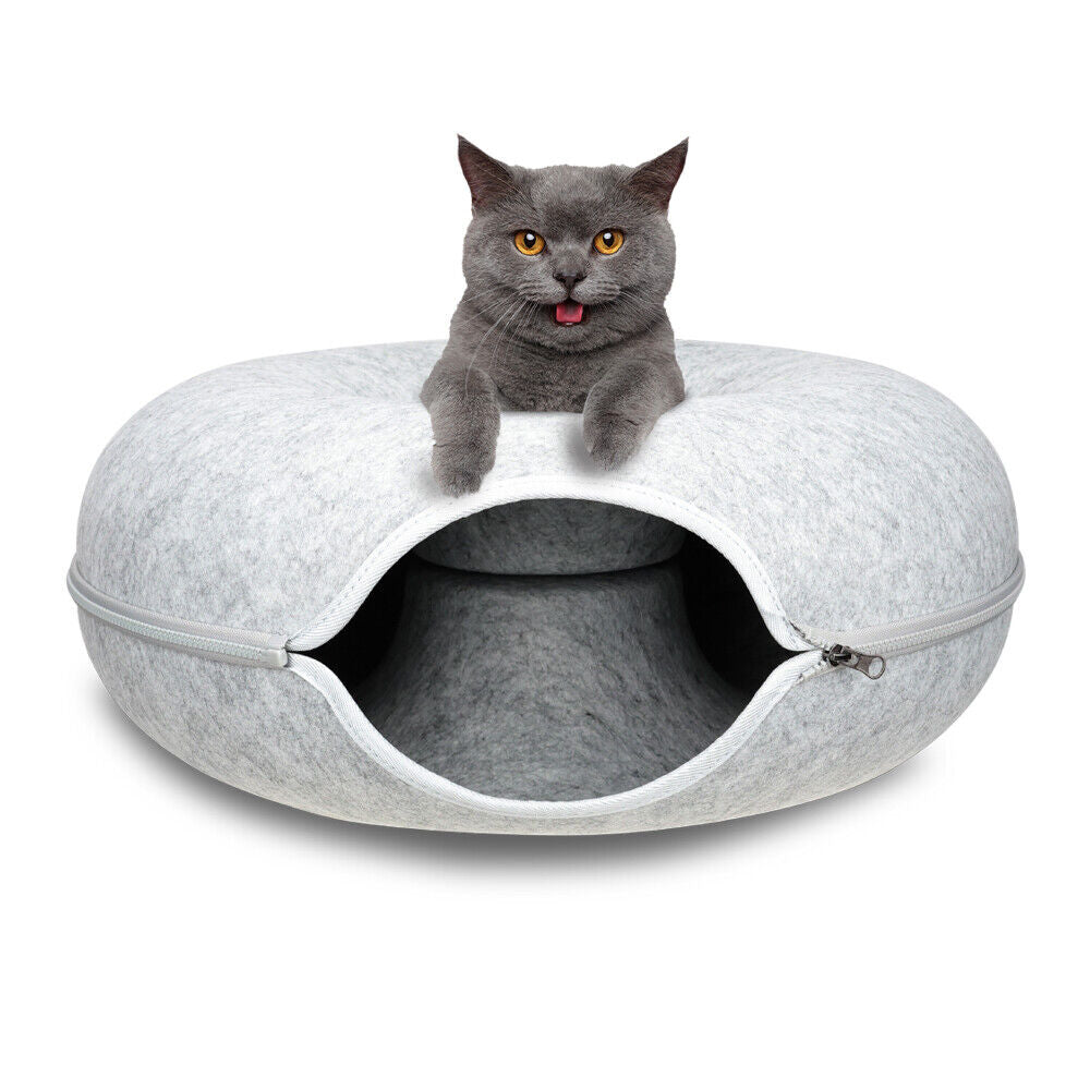 Lichtgrijze Katten Tunnelbed – Interactieve Donutgrot voor Katten en Kleine Huisdieren