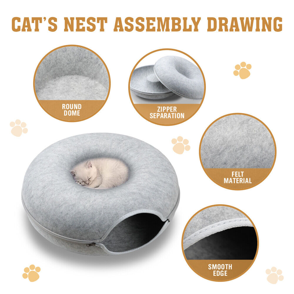 Lichtgrijze Katten Tunnelbed – Interactieve Donutgrot voor Katten en Kleine Huisdieren