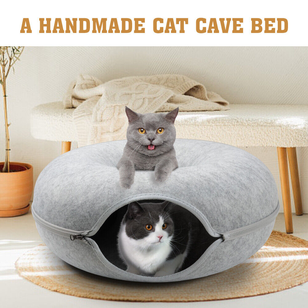 Lichtgrijze Katten Tunnelbed – Interactieve Donutgrot voor Katten en Kleine Huisdieren