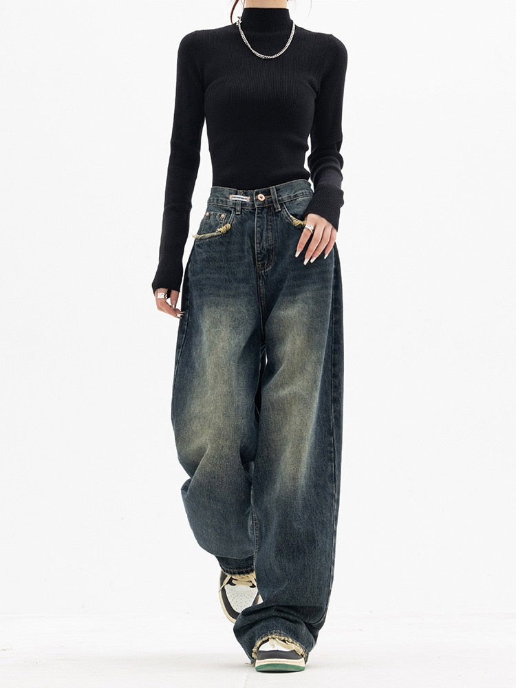 Vintage Baggy Jeans Dames Hoge Taille Wijde Pijpen Blauw 0
