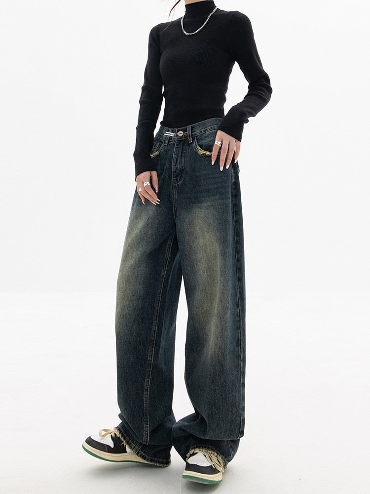 Vintage Baggy Jeans Dames Hoge Taille Wijde Pijpen Blauw 1
