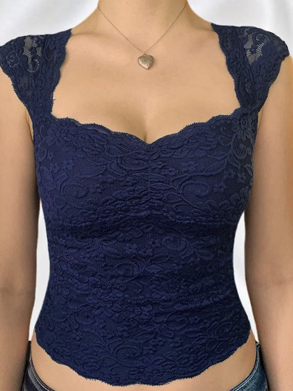 Vintage donkerblauwe top met korte mouwen en kant 0