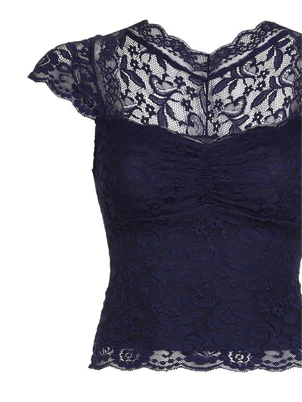 Vintage donkerblauwe top met korte mouwen en kant 2