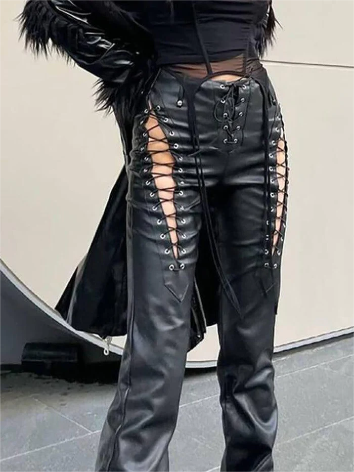 Vintage zwarte PU-leren broek met uitsparingen 1