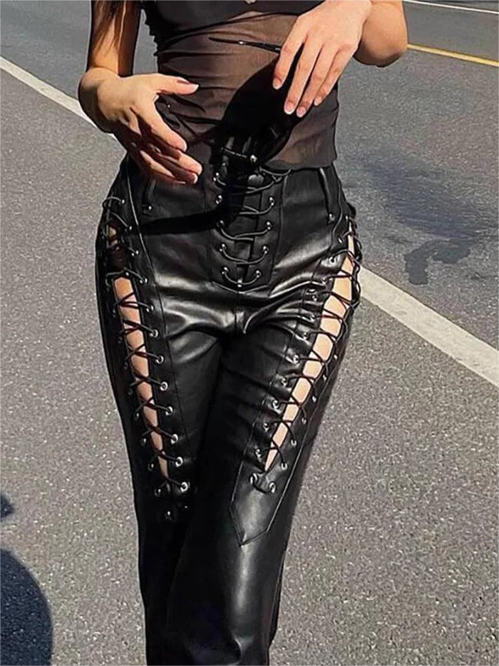 Vintage zwarte PU-leren broek met uitsparingen 2
