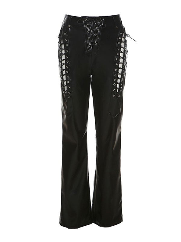 Vintage zwarte PU-leren broek met uitsparingen 6