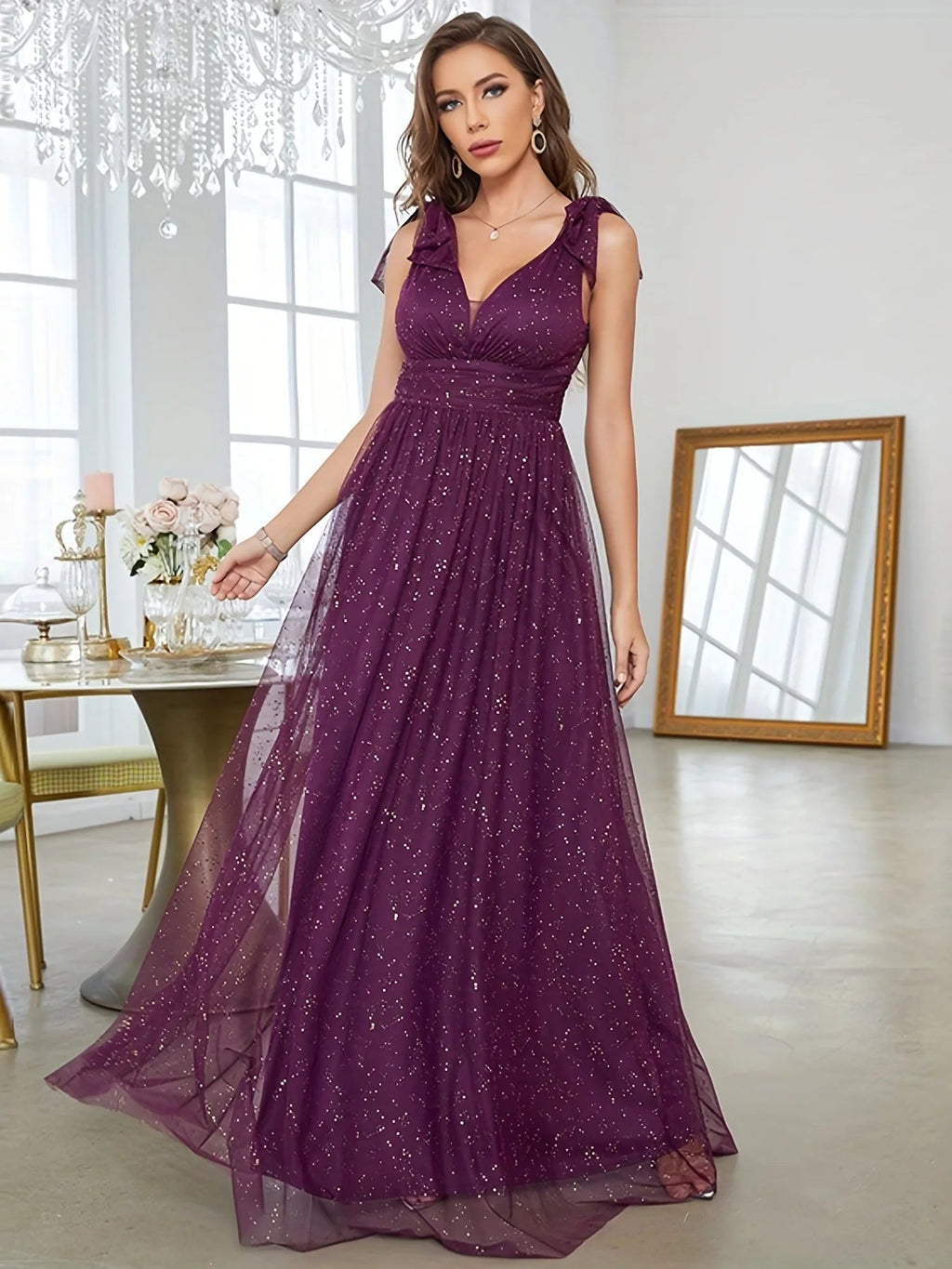 Vrouwen Avondjurk Lang V-Hals Mouwloos Glitter 6
