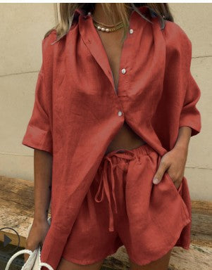 Vrouwen Twee-Piece Set Lichte Linnenmix Shorts en Shirt 14