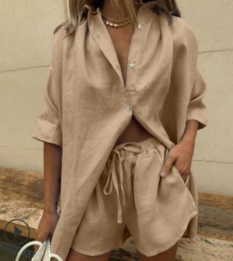 Vrouwen Twee-Piece Set Lichte Linnenmix Shorts en Shirt 8