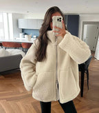 Lamswollenjack Dames Fleece Oversized Met Rits Staande Kraag - Winterjas Dames
