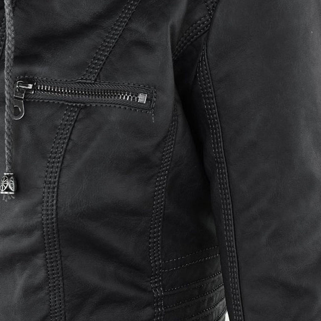 Dames Leren Jas Lederlook Zwart Met Capuchon Pasvorm - Winterjas Dames