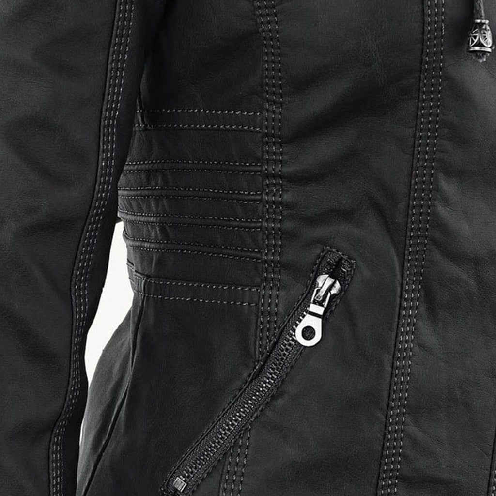 Dames Leren Jas Lederlook Zwart Met Capuchon Pasvorm - Winterjas Dames