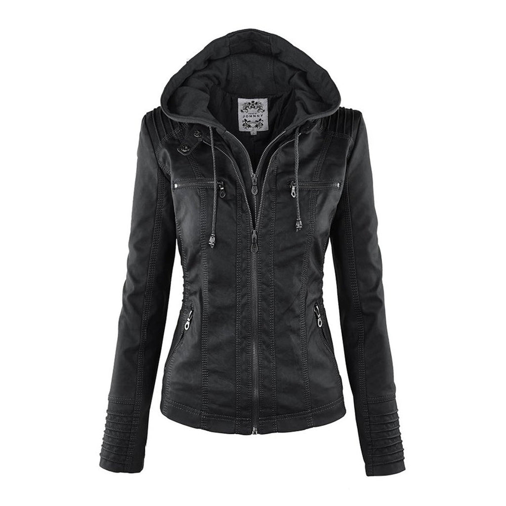 Dames Leren Jas Lederlook Zwart Met Capuchon Pasvorm - Winterjas Dames