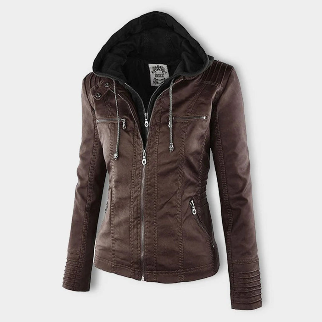 Dames Leren Jas Lederlook Zwart Met Capuchon Pasvorm - Winterjas Dames