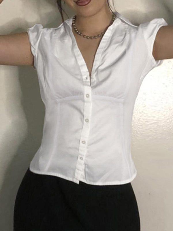 Wit vintage slim-taille V-hals shirt met korte mouwen 1