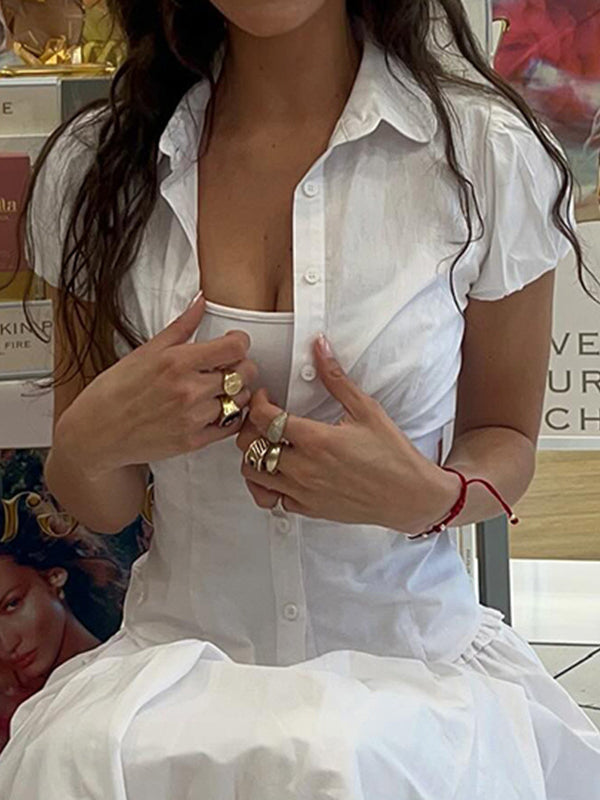 Wit vintage slim-taille V-hals shirt met korte mouwen 2
