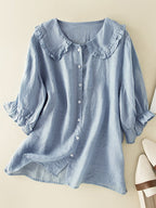 Witte Blouse Dames Linnen Met Rimpel Peter Pan Kraag 0