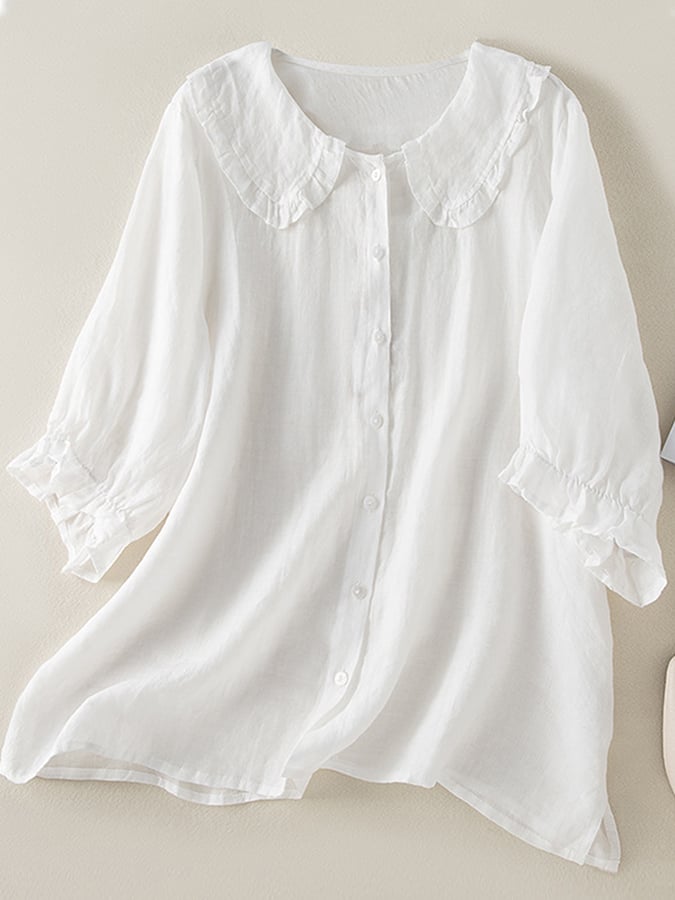 Witte Blouse Dames Linnen Met Rimpel Peter Pan Kraag 1