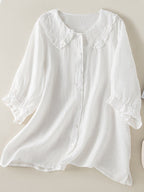 Witte Blouse Dames Linnen Met Rimpel Peter Pan Kraag 1
