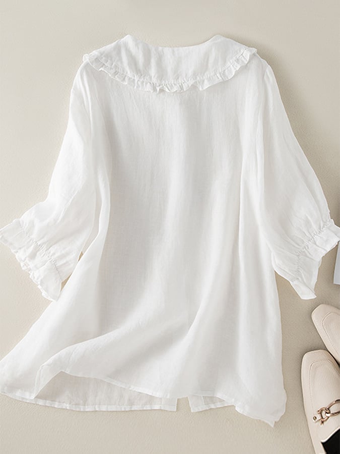 Witte Blouse Dames Linnen Met Rimpel Peter Pan Kraag 2