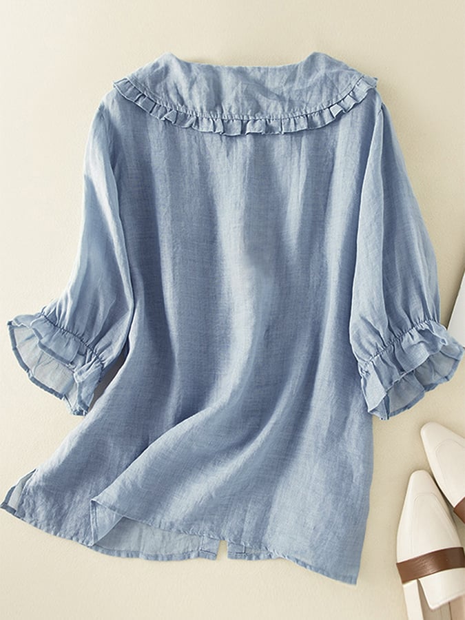 Witte Blouse Dames Linnen Met Rimpel Peter Pan Kraag 3