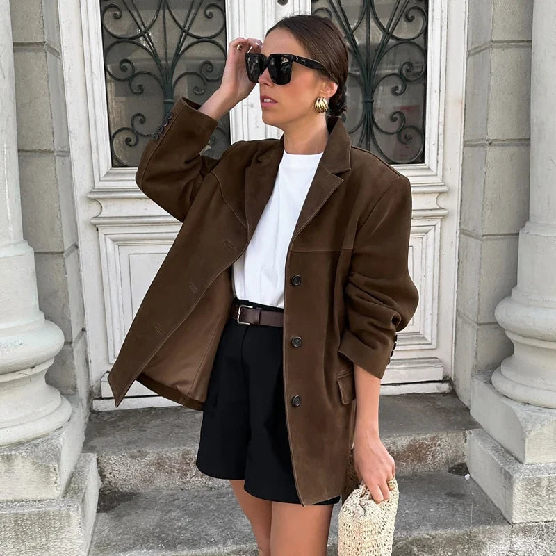 Dames Vintage Bruine Suède Leren Jas – Demi-Seizoen Herfst Winter Buitenkleding
