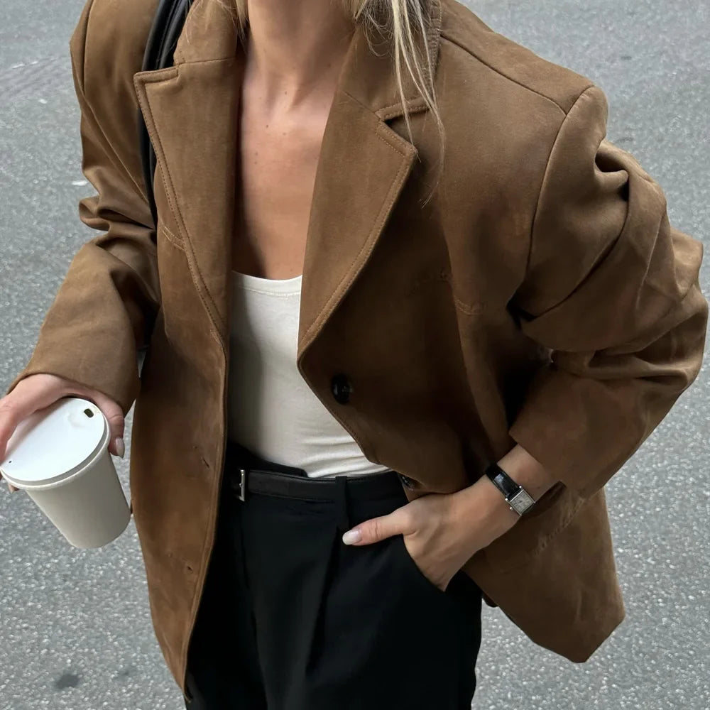 Dames Vintage Bruine Suède Leren Jas – Demi-Seizoen Herfst Winter Buitenkleding