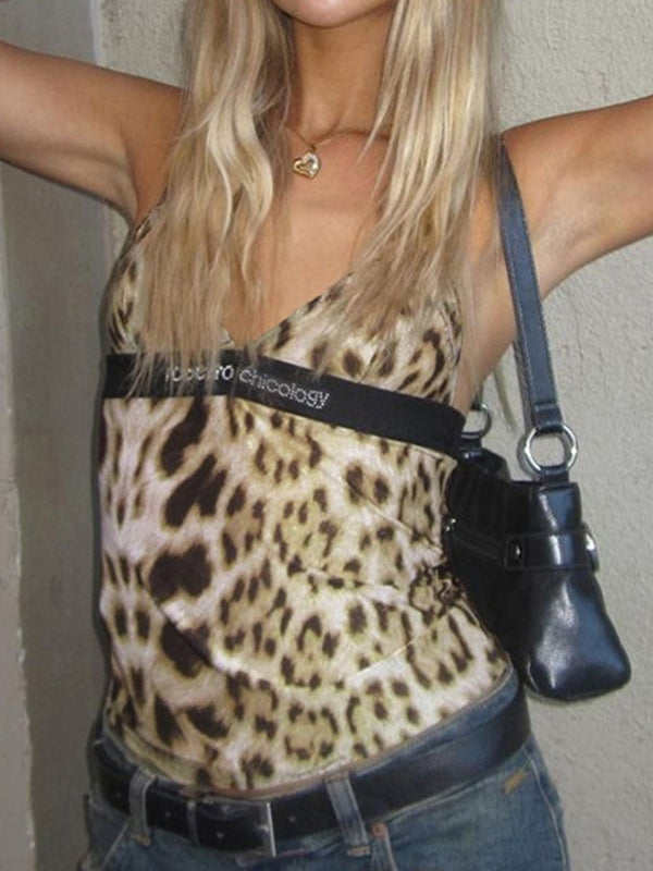 Y2k V-hals cami top met luipaardprint 2
