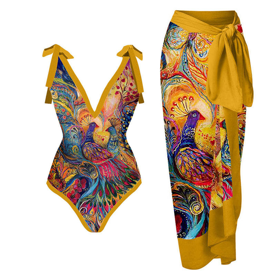 WaveGrace Vintage Badpak met Ruffles voor Dames met Diepe V-hals en Unieke Retro Print