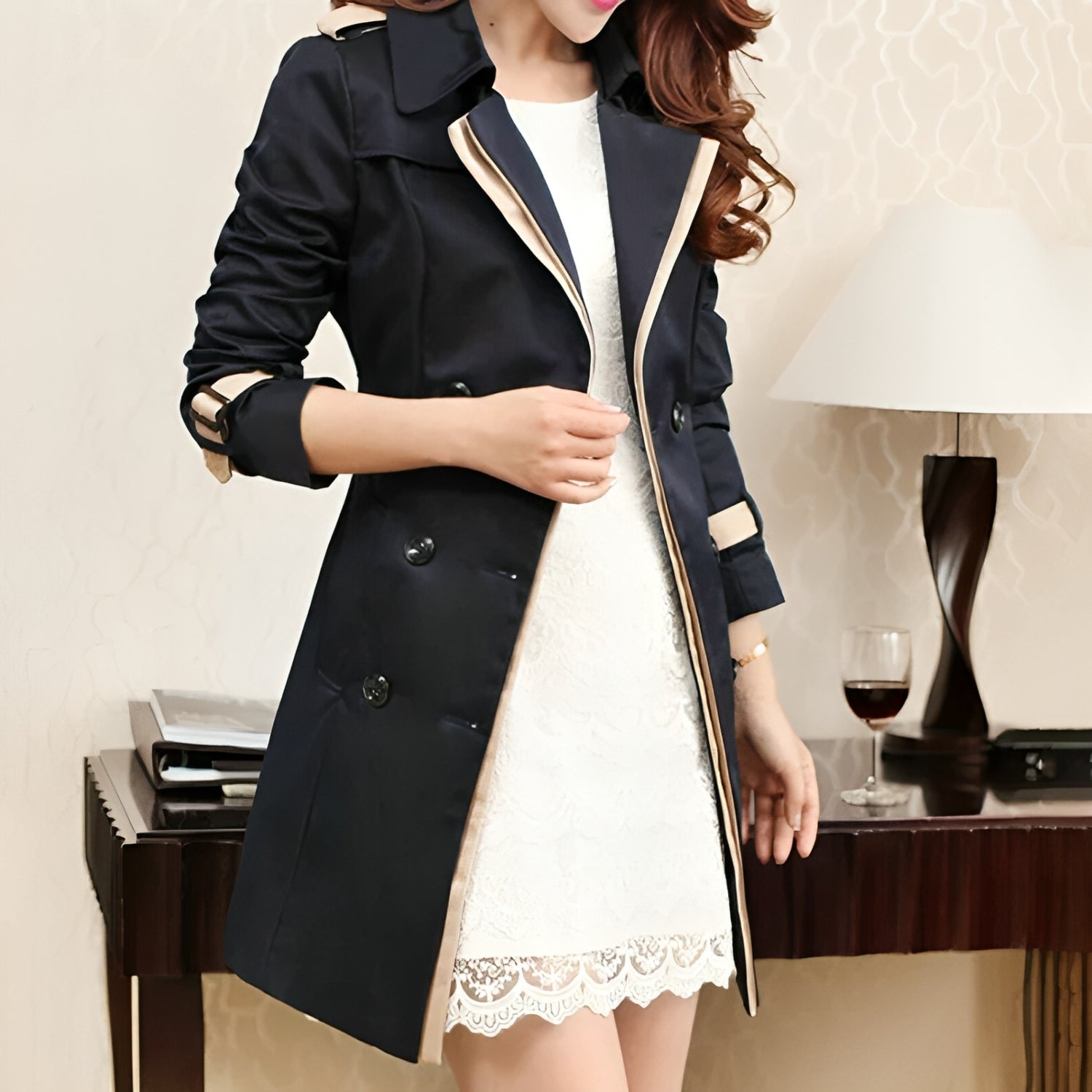 Dames Trenchcoat Slim Fit Kniehoogte Gestructureerde Stof