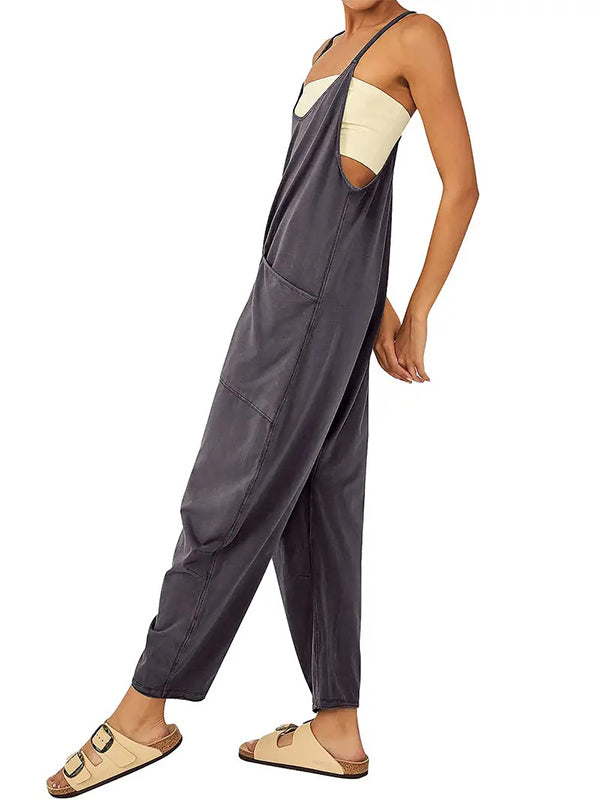 Zwarte Jumpsuit Dames Katoen Polyester met Grote Pockets 1